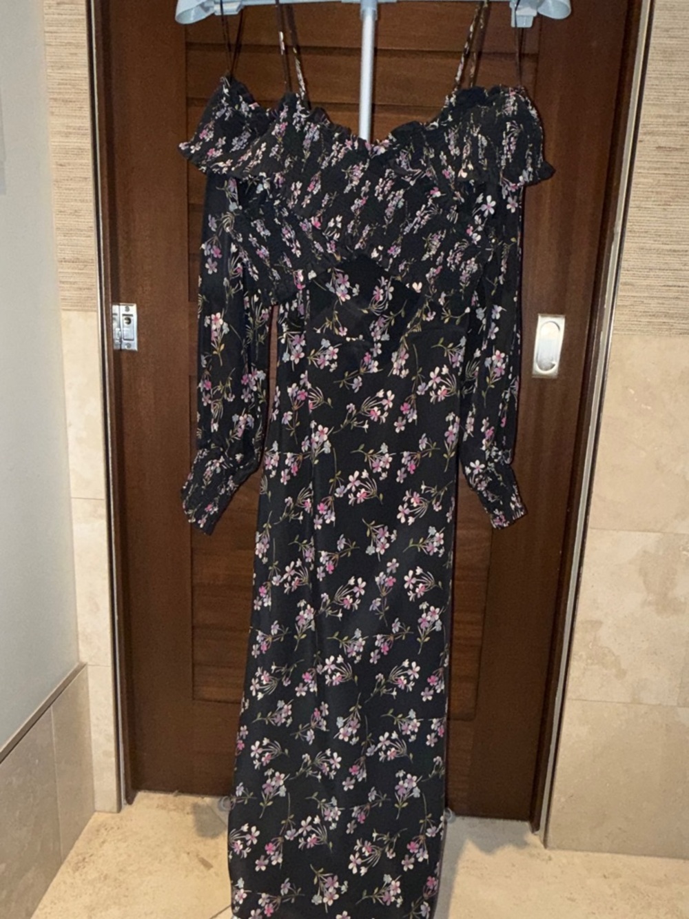 Talula Floral Off-Shoulder Midi Dress | Black Pink Smocked Size S